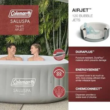 Coleman Tahiti EnergySense AirJet Inflatable Hot Tub Spa (71" x 26") | Portable Hot Tub with 2 Covers (1 Energy-Efficient Thermal Cover and 1 Standard Cover) | Fits Up to 2-4 Persons | Grey