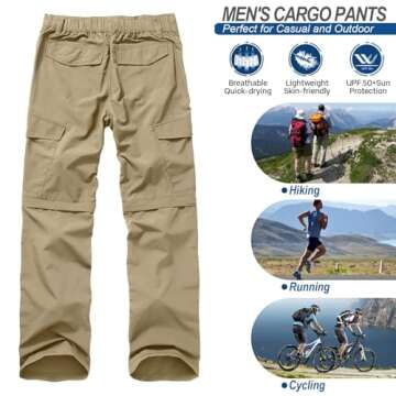 Mens Hiking Pants Convertible Quick Dry Zip Off UPF Lightweight Fishing Travel Camping Safari Pants,Khaki,36