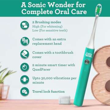 GuruNanda Cruiser Sonic Toothbrush with 2 Brush Heads, 1 Brush Cap, 1 USB Cable - 2 Modes, 2-Minute Timer & More Than 30,000 Vibrations, Teal