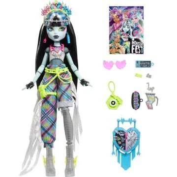 Monster High Monster Fest Doll, Frankie Stein with Glam Outfit & Festival Themed Accessories Like Snacks, Band Poster, Statement Bag & More