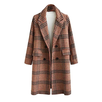 CHARTOU Women's Winter Oversize Lapel Collar Woolen Plaid Double Breasted Long Peacoat Jacket (Large, Camel)