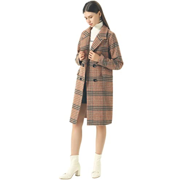 CHARTOU Women's Winter Oversize Lapel Collar Woolen Plaid Double Breasted Long Peacoat Jacket (Large, Camel)