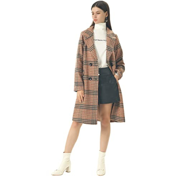 CHARTOU Women's Winter Oversize Lapel Collar Woolen Plaid Double Breasted Long Peacoat Jacket (Large, Camel)