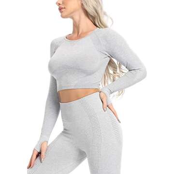 FITTOO Women's Long Sleeves Workout Crop Tops Seamless Sports Shirts Fitness Activewear Light Grey S