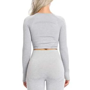 FITTOO Women's Long Sleeves Workout Crop Tops Seamless Sports Shirts Fitness Activewear Light Grey S