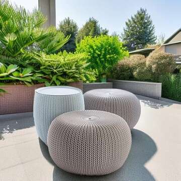Keter Urban Knit Pouf Ottoman Set of 2 with Storage Table for Patio and Room Décor - Perfect for Balcony, Deck, and Outdoor Seating, Misty Blue & Taupe