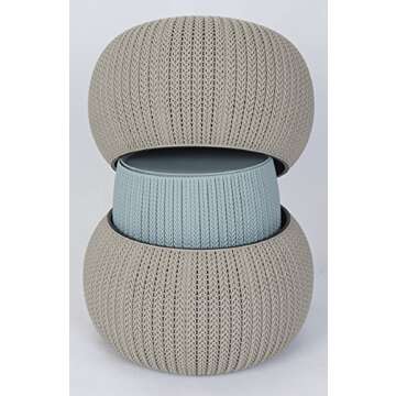 Keter Urban Knit Pouf Ottoman Set of 2 with Storage Table for Patio and Room Décor - Perfect for Balcony, Deck, and Outdoor Seating, Misty Blue & Taupe
