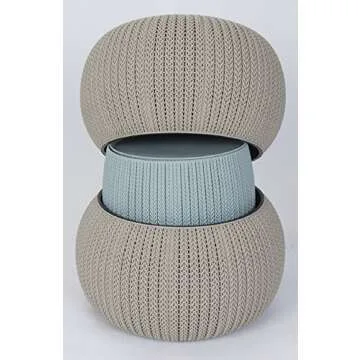 Keter Urban Knit Pouf Ottoman Set of 2 with Storage Table for Patio and Room Décor - Perfect for Balcony, Deck, and Outdoor Seating, Misty Blue & Taupe
