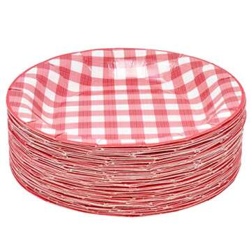 Gift Boutique 200 Pcs Red and White Gingham Party Supplies Set Paper Plate Napkin for Checkered Plaid Picnic BBQ Birthday Disposable Dinnerware Serve 50