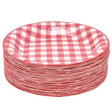 Gift Boutique 200 Pcs Red and White Gingham Party Supplies Set Paper Plate Napkin for Checkered Plaid Picnic BBQ Birthday Disposable Dinnerware Serve 50