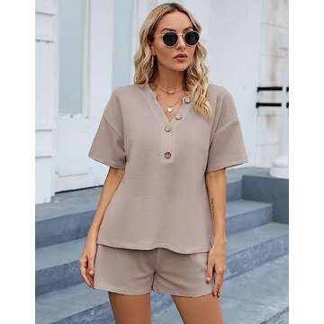 SAPJON Womens Pajama Sets 2 Piece Waffle Matching Lounge Sets V Neck Short Sleeve and Shorts Sets Ou...