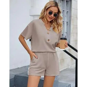 SAPJON Womens Pajama Sets 2 Piece Waffle Matching Lounge Sets V Neck Short Sleeve and Shorts Sets Outfits Loungewear Khaki