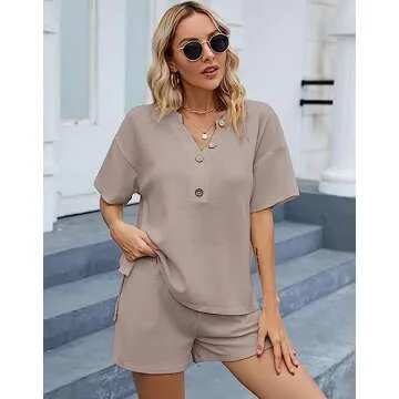 SAPJON Womens Pajama Sets 2 Piece Waffle Matching Lounge Sets V Neck Short Sleeve and Shorts Sets Outfits Loungewear Khaki