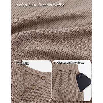 SAPJON Womens Pajama Sets 2 Piece Waffle Matching Lounge Sets V Neck Short Sleeve and Shorts Sets Outfits Loungewear Khaki