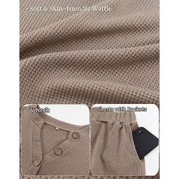 SAPJON Womens Pajama Sets 2 Piece Waffle Matching Lounge Sets V Neck Short Sleeve and Shorts Sets Outfits Loungewear Khaki