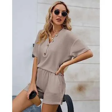 SAPJON Womens Pajama Sets 2 Piece Waffle Matching Lounge Sets V Neck Short Sleeve and Shorts Sets Outfits Loungewear Khaki
