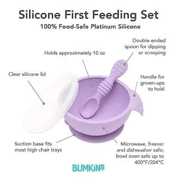 Bumkins Baby Bowl, Silicone Feeding Set with Suction for Baby and Toddler, Includes Spoon and Lid, First Feeding Set, Training Essentials for Baby Led Weaning for Babies 4 Months Up, Lavender