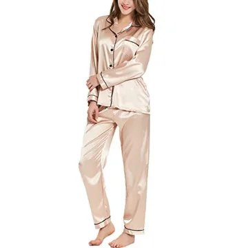 SWOMOG Womens Silk Satin Pajamas Long Sleeve Loungewear Two-Piece Sleepwear Button-Down Pj Set Champ...