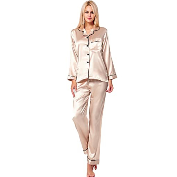 SWOMOG Womens Silk Satin Pajamas Long Sleeve Loungewear Two-Piece Sleepwear Button-Down Pj Set Champagne, Small