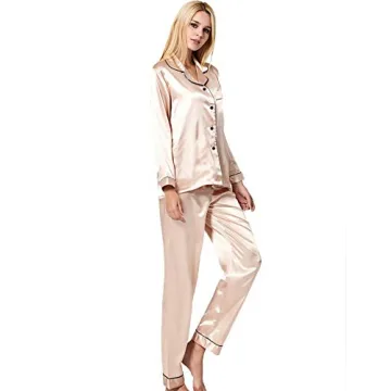 SWOMOG Womens Silk Satin Pajamas Long Sleeve Loungewear Two-Piece Sleepwear Button-Down Pj Set Champagne, Small