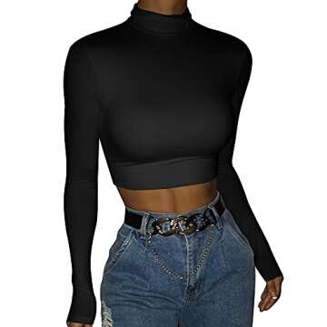 LCNBA Women's Long Sleeve Crop Top Turtleneck Sexy Basic Cropped Tops Shirt Black Small