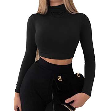 LCNBA Women's Long Sleeve Crop Top Turtleneck Sexy Basic Cropped Tops Shirt Black Small