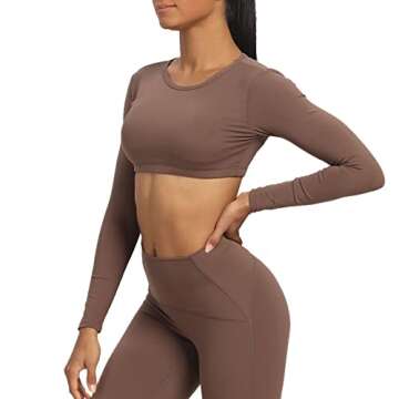 Aoxjox Long Sleeve Crop Tops for Women Clarissa Backless Workout Cropped T Shirt Top (Fudge Coffee, Large)