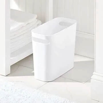 mDesign Plastic Small Trash Can, 1.5 Gallon/5.7-Liter Wastebasket, Narrow Garbage Bin with Handles for Bathroom, Laundry, Home Office - Holds Waste, Recycling, 10" High, Aura Collection, White