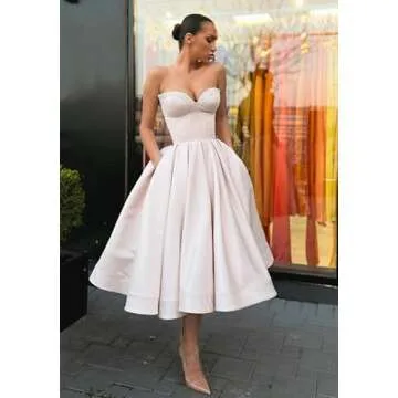 Kibbih Women's Short Prom Dresses Ruched A-line Satin Sequins Tea Length Formal Evening Party Dress with Pockets Plum Size14