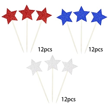 36 PCS Glitter Star Independence Day Cupcake Toppers