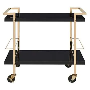 OSP Home Furnishings Alios Modern Serving Cart, Black Gloss Finish and Gold Frame
