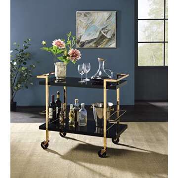 OSP Home Furnishings Alios Modern Serving Cart, Black Gloss Finish and Gold Frame