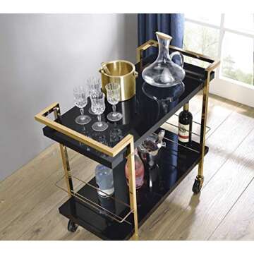 OSP Home Furnishings Alios Modern Serving Cart, Black Gloss Finish and Gold Frame