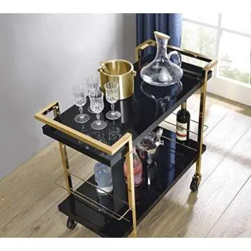 OSP Home Furnishings Alios Modern Serving Cart, Black Gloss Finish and Gold Frame