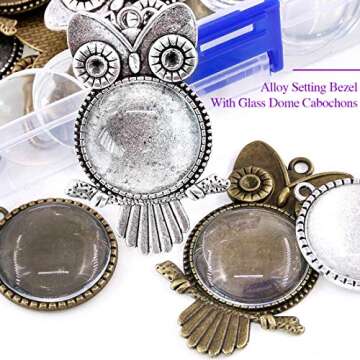 Swpeet Pendant Trays Kit, 2 Shapes 48Pcs for Jewelry Making, Includes 12 Owl & 12 Round Tree Bezel Trays, Clear Dome Tiles Not Included
