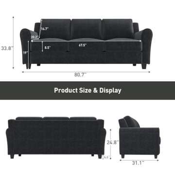 Bonzy Home 80.7" Black Sofa for Living Room, 3 Seater Comfy Sofa Couch, Modern Couch with Thick Cushion for Apartment Office