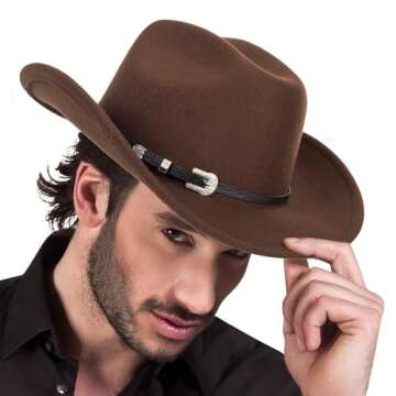 Brown Cowboy Hat for Women Men, Classic Felt Fedora Western Hat with Gus Buckle Belt, Rolled Wide Br...