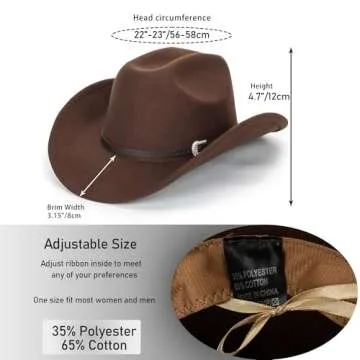 Brown Cowboy Hat for Women Men, Classic Felt Fedora Western Hat with Gus Buckle Belt, Rolled Wide Brim Retro Rodeo Cowgirl Hat