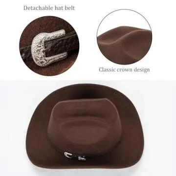 Brown Cowboy Hat for Women Men, Classic Felt Fedora Western Hat with Gus Buckle Belt, Rolled Wide Brim Retro Rodeo Cowgirl Hat