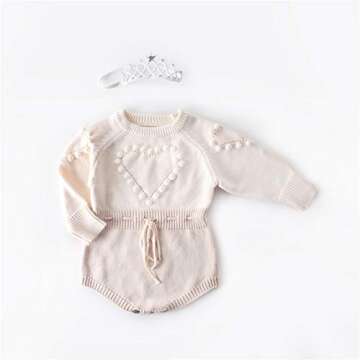 WALLARENEAR Newborn Baby Girl Sweater Romper Heart Long Sleeve Knitted Bodysuit Jumpsuit Fall Winter Clothes Valentine's Day Outfits (Apricot, 6-12 Months)