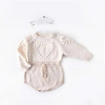 WALLARENEAR Newborn Baby Girl Sweater Romper Heart Long Sleeve Knitted Bodysuit Jumpsuit Fall Winter Clothes Valentine's Day Outfits (Apricot, 6-12 Months)