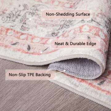 auruge Area Rug - 5x7 Indoor Vintage Rugs Non-Slip Backing Pink Carpet Non Shedding & Machine Washable Rug for Dining Room Living Room Bedroom Office