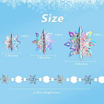 JULMELON 15Pcs Frozen 3D Hanging Snowflakes Decorations, Holographic Snowflakes Garland Silver Snowf...