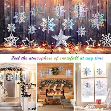 JULMELON 15Pcs Frozen 3D Hanging Snowflakes Decorations, Holographic Snowflakes Garland Silver Snowflakes for Winter Wonderland Decorations Frozen Birthday Party Supplies