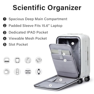 MILADA Luggage Hard Shell Suitcases Airline Approved Carry On Luggage 22x14x9 TSA Approved Luggage 20 Inch Front Opening Pocket Suitcase with Wheels Travel Luggage Wide Handle, White