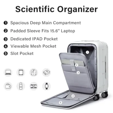 MILADA Luggage Hard Shell Suitcases Airline Approved Carry On Luggage 22x14x9 TSA Approved Luggage 20 Inch Front Opening Pocket Suitcase with Wheels Travel Luggage Wide Handle, White