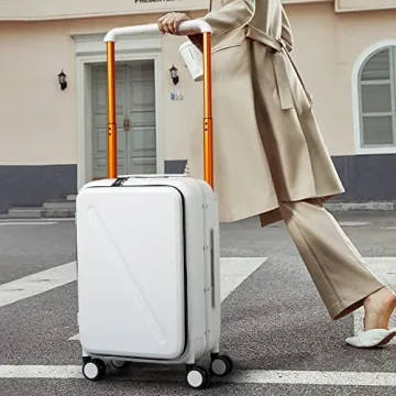 MILADA Luggage Hard Shell Suitcases Airline Approved Carry On Luggage 22x14x9 TSA Approved Luggage 20 Inch Front Opening Pocket Suitcase with Wheels Travel Luggage Wide Handle, White