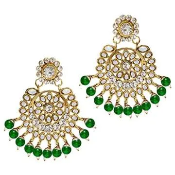 Aheli Indian Wedding Kundan Beaded Heavy Bridal Long Choker Necklace Earrings with Maang Tikka Traditional Jewellery Set for Women (Green)