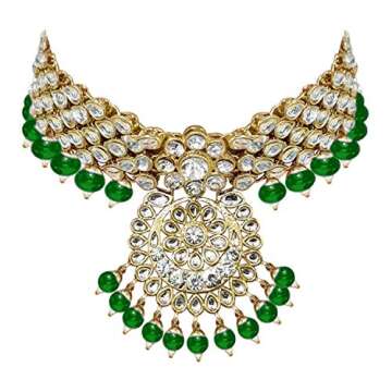 Aheli Indian Wedding Kundan Beaded Heavy Bridal Long Choker Necklace Earrings with Maang Tikka Traditional Jewellery Set for Women (Green)