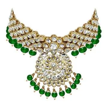 Aheli Indian Wedding Kundan Beaded Heavy Bridal Long Choker Necklace Earrings with Maang Tikka Traditional Jewellery Set for Women (Green)